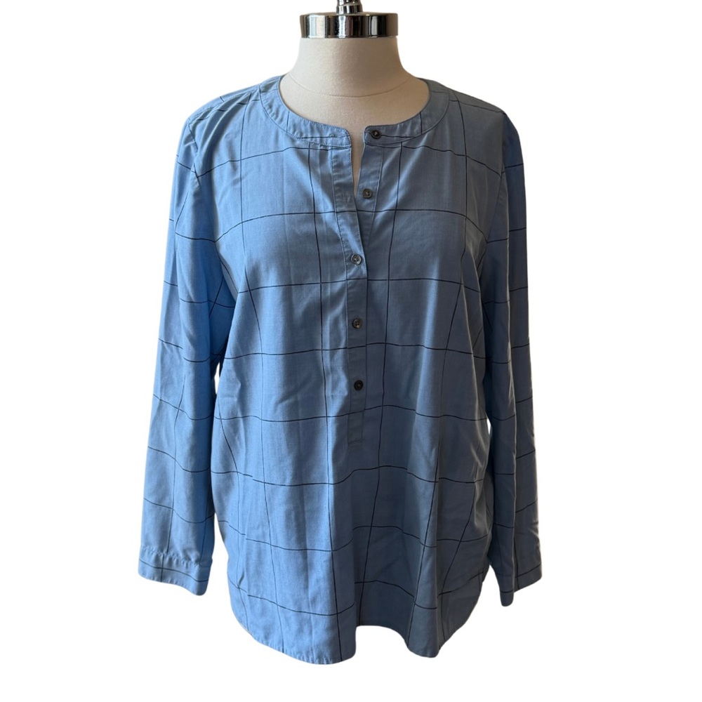 J JILL Blue Checkered Button-Up Blouse Top Size Large Split Neck
